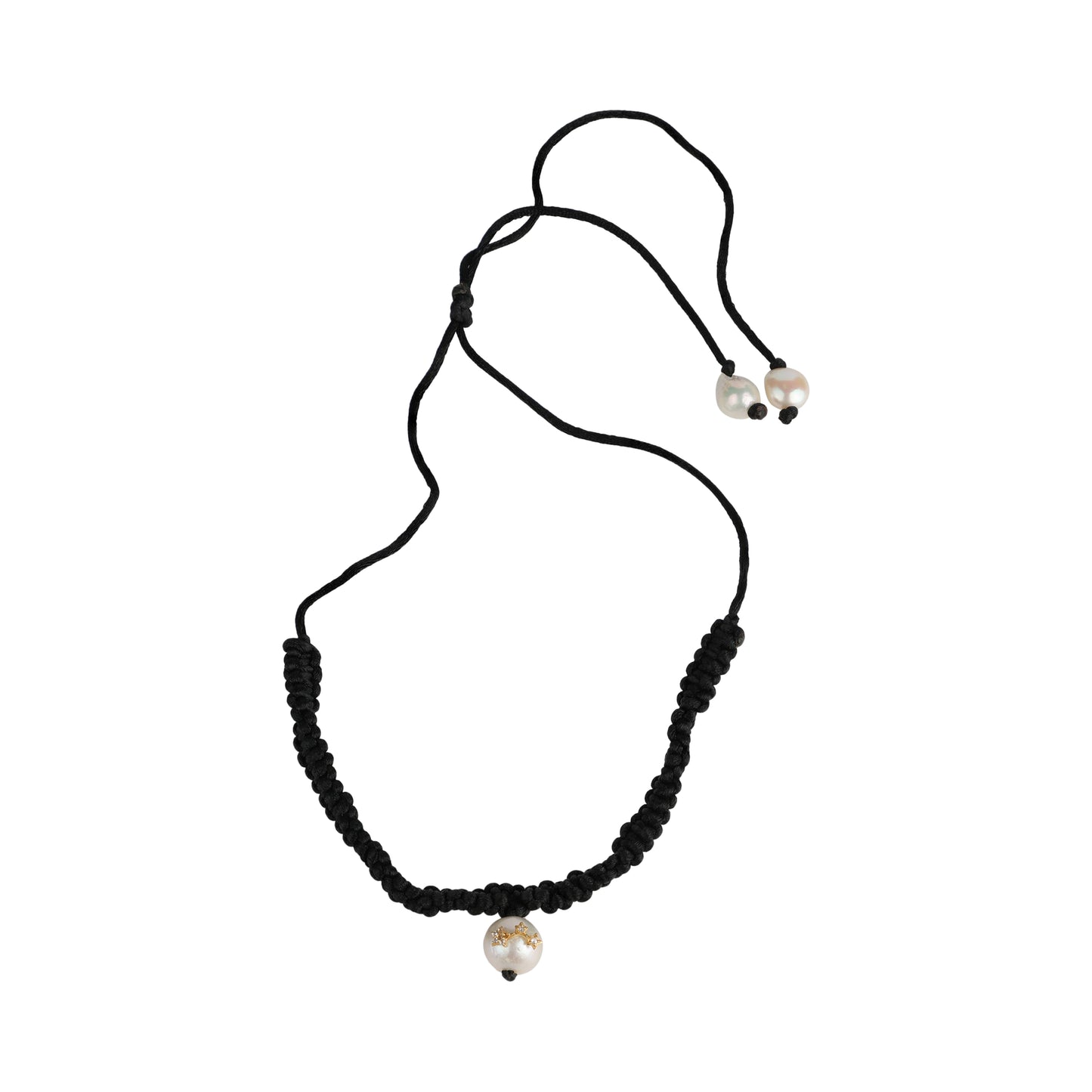 Choker Necklace with Freshwater pearls on black satin thread, white topaz stars on gold plated silver