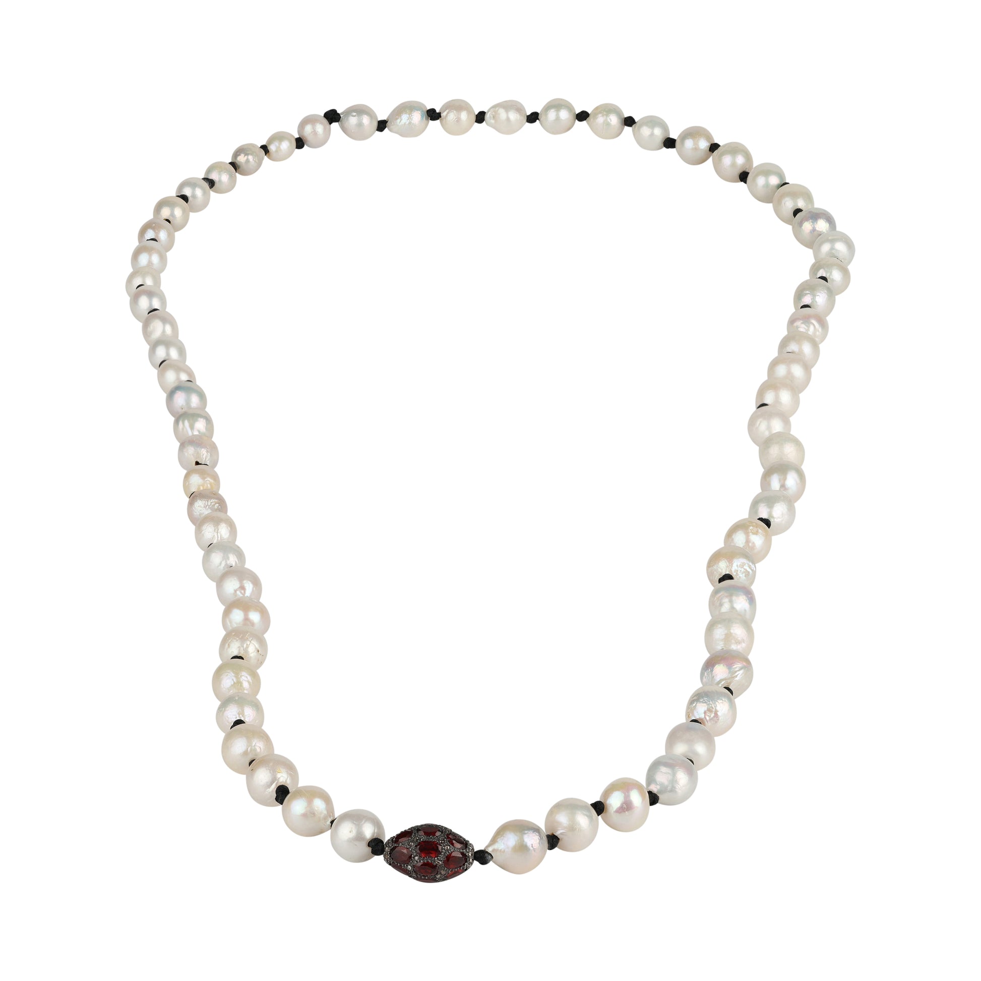 Elegant baroque pearls necklace with a garnets and diamonds ball