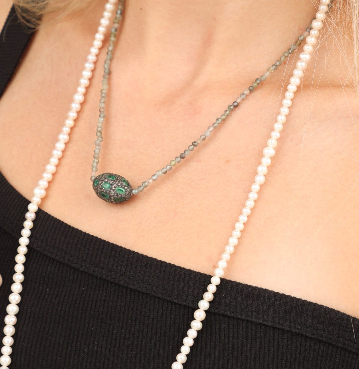Necklace with Freshwater pearls on satin thread, Labradorit, Emerald and diamond buckle