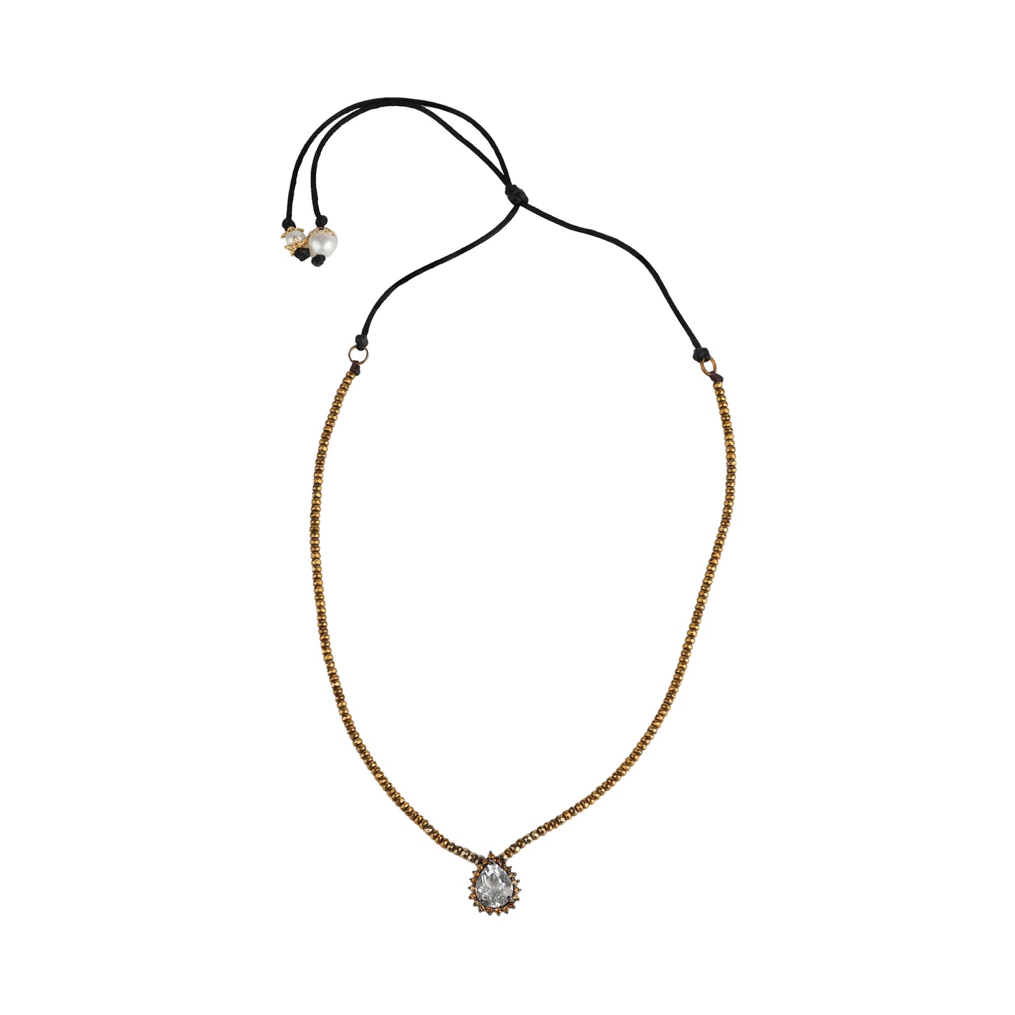 Necklace with gold colored hematites on satin thread, white topaz and yellow sapphire