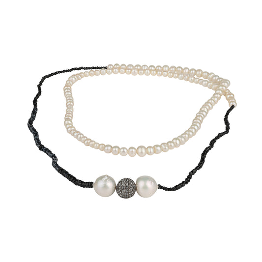 Necklace with Freshwater pearls, black spinels, white topaz on oxidized silver