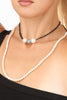 Necklace with Freshwater pearls, black spinels, white topaz on oxidized silver