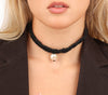 Choker Necklace with Freshwater pearls on black satin thread, white topaz stars on gold plated silver