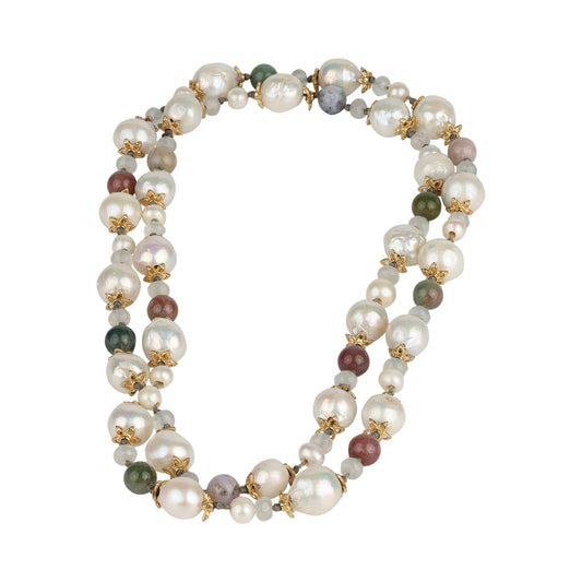 Long necklace with Freshwater pearls, gold-plated flowers, multicolored tourmaline and Labradorit beads