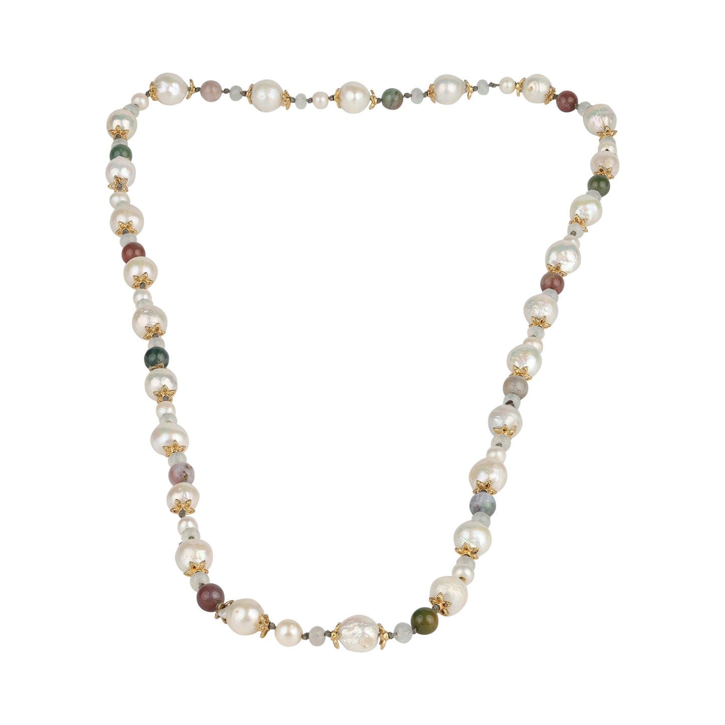 Long necklace with Freshwater pearls, gold-plated flowers, multicolored tourmaline and Labradorit beads