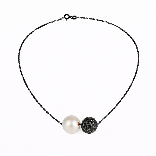 JLL Pearl freshwater pearl necklace with black spinel sphere on oxidized silver chain