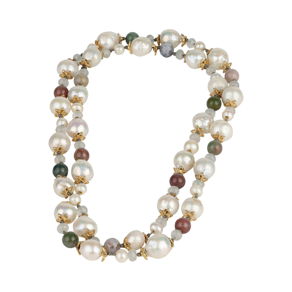 Long necklace with Freshwater pearls, gold-plated flowers, multicolored tourmaline and Labradorit beads-JLLPearl