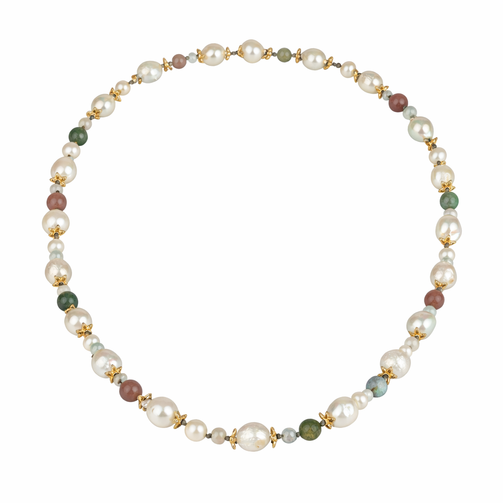 Long necklace with Freshwater pearls, gold-plated flowers, multicolored tourmaline and Labradorit beads-JLLPearl