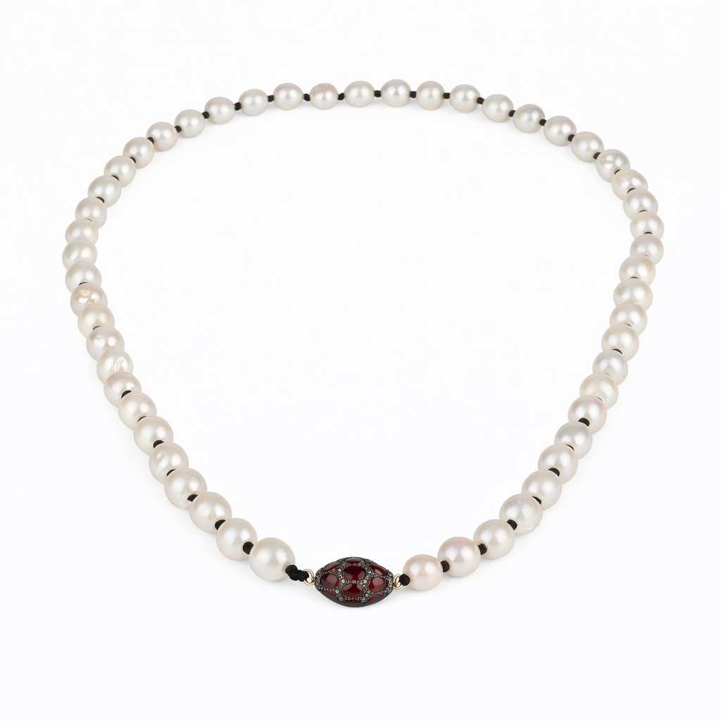 Elegant baroque pearls necklace with a garnets and diamonds ball-JLLPearl