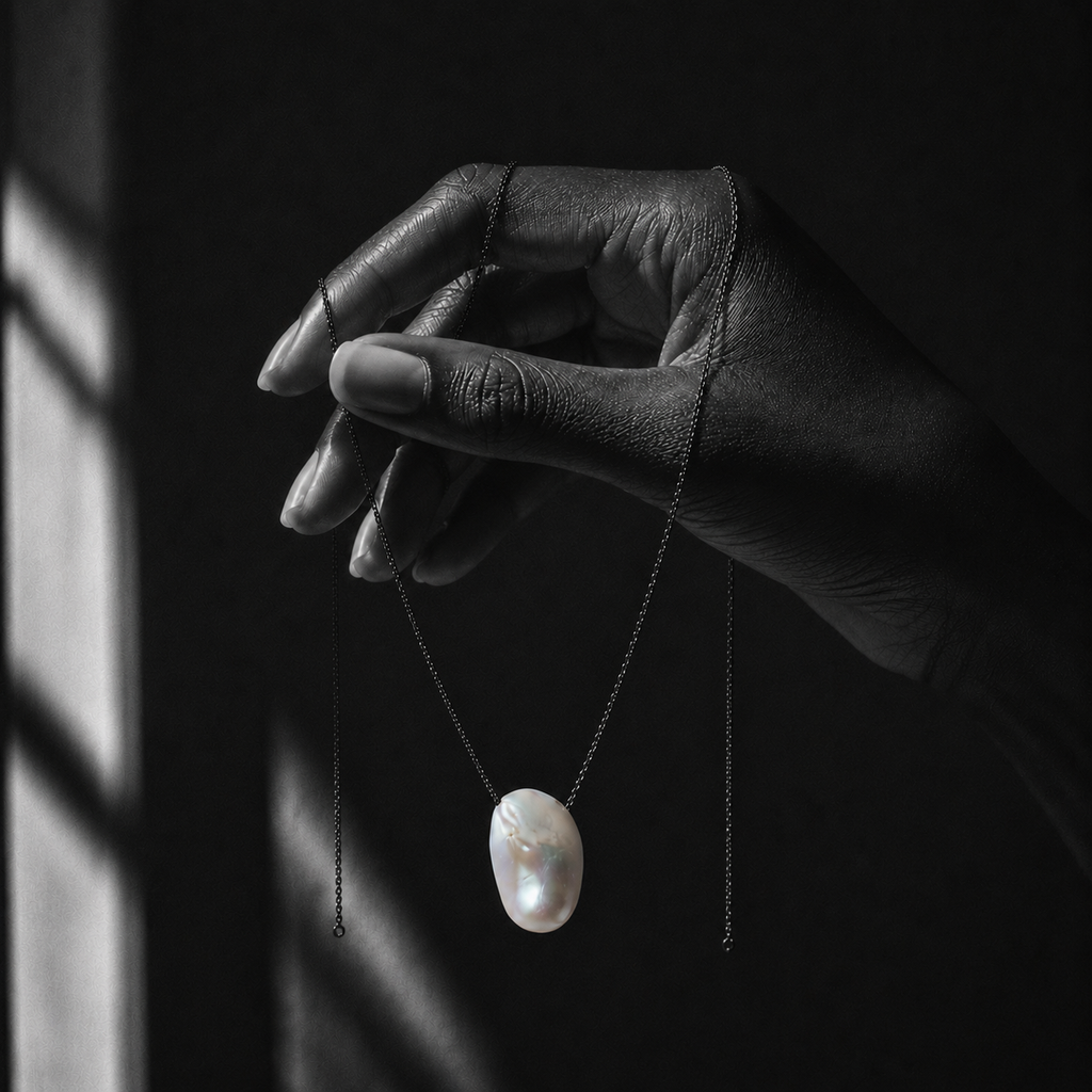 JLL Pearl Amanda necklace – baroque pearl on black oxidized chain