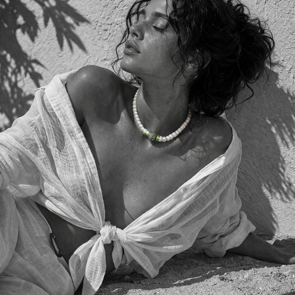 JLL Pearl Bao necklace worn – freshwater pearls, peridot and diopside on satin thread