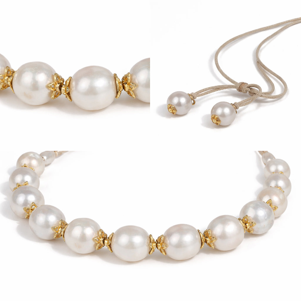 Close-up of Ella necklace – round freshwater pearl and gold flower finding detail, JLL Pearl.