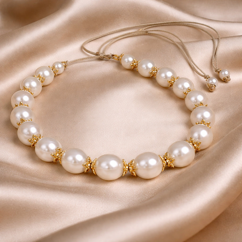 Ella JLL Pearl necklace on fabric – round pearls and gold flower findings on satin thread