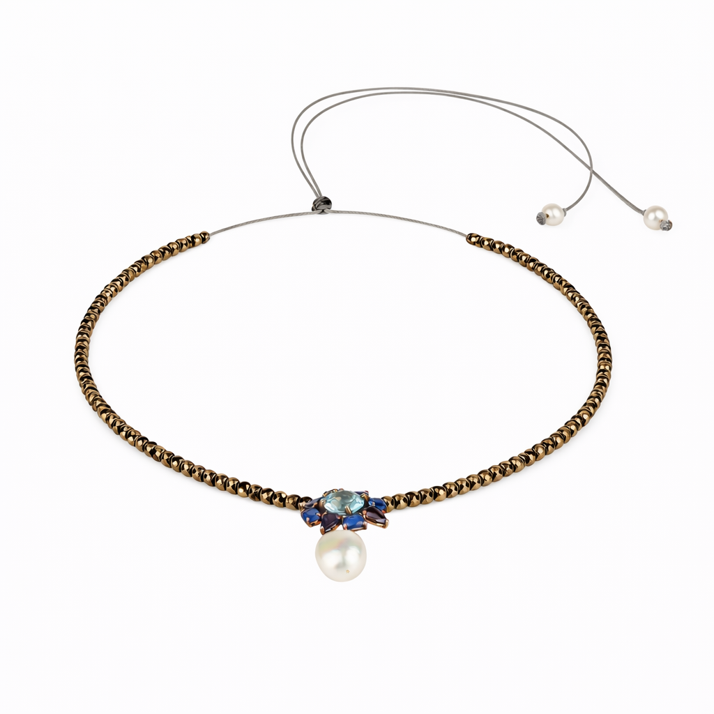 Necklace in Hematites with pearl, Topaz and Sapphire on a white background- JLLPearl