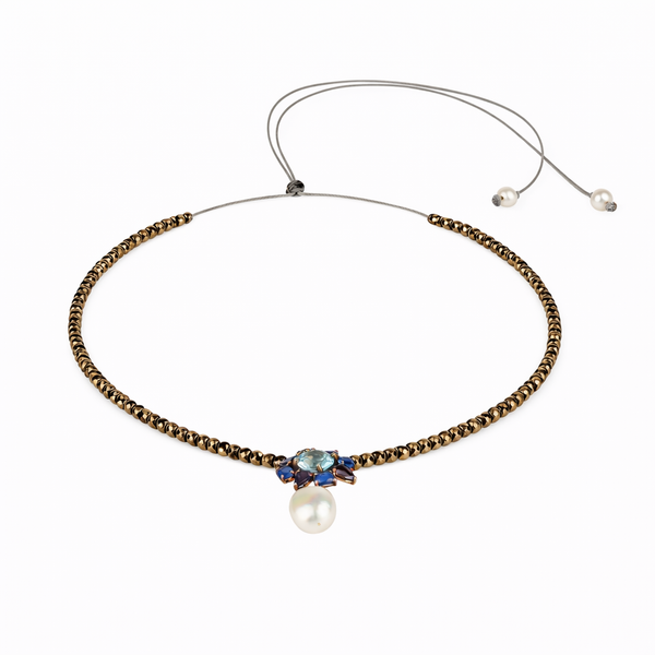 Necklace in Hematites with pearl, Topaz and Sapphire on a white background- JLLPearl