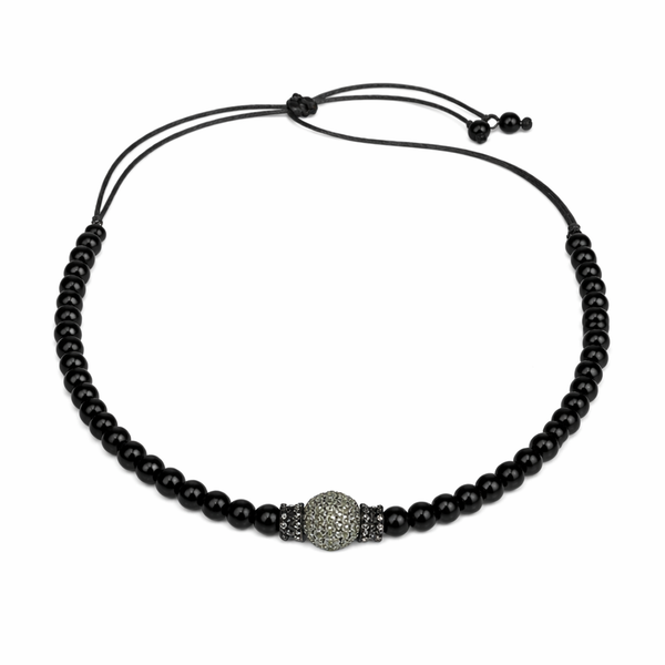 Hydra JLL Pearl necklace with black onyx stones, spinel, and a peridot silver ball.
