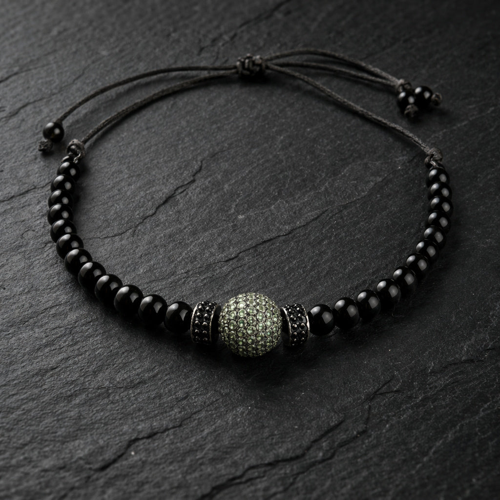 Hydra JLL Pearl necklace on slate – black onyx, spinel and peridot on satin thread