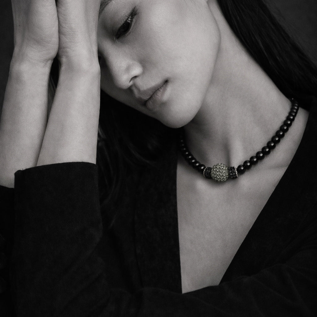 JLL Pearl Hydra necklace worn – black onyx and spinel on satin thread with peridot accent