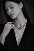 Beautiful Pearls necklace Lola with a green emerald and diamonds pendant on model-JLLpearl
