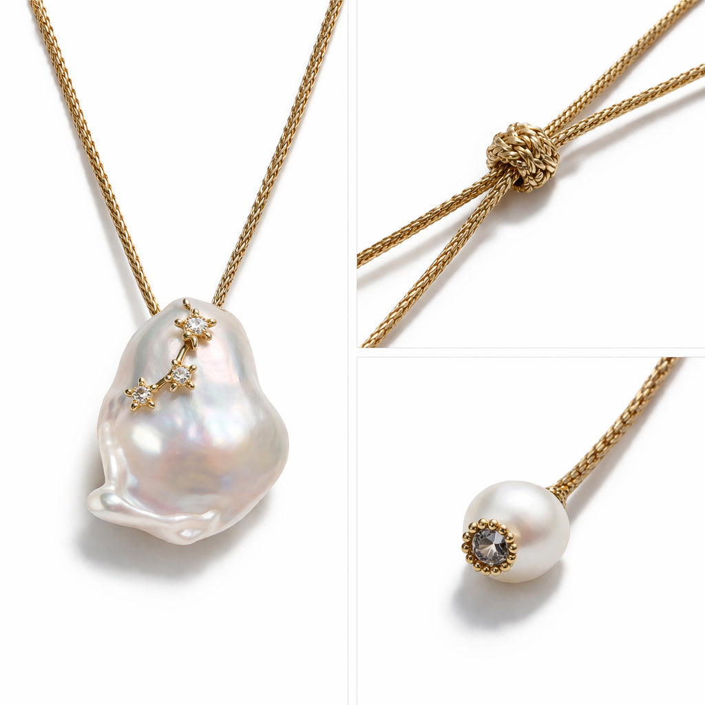 Close-up of Mila necklace – baroque freshwater pearl and white topaz stars in gold plating, JLL Pearl