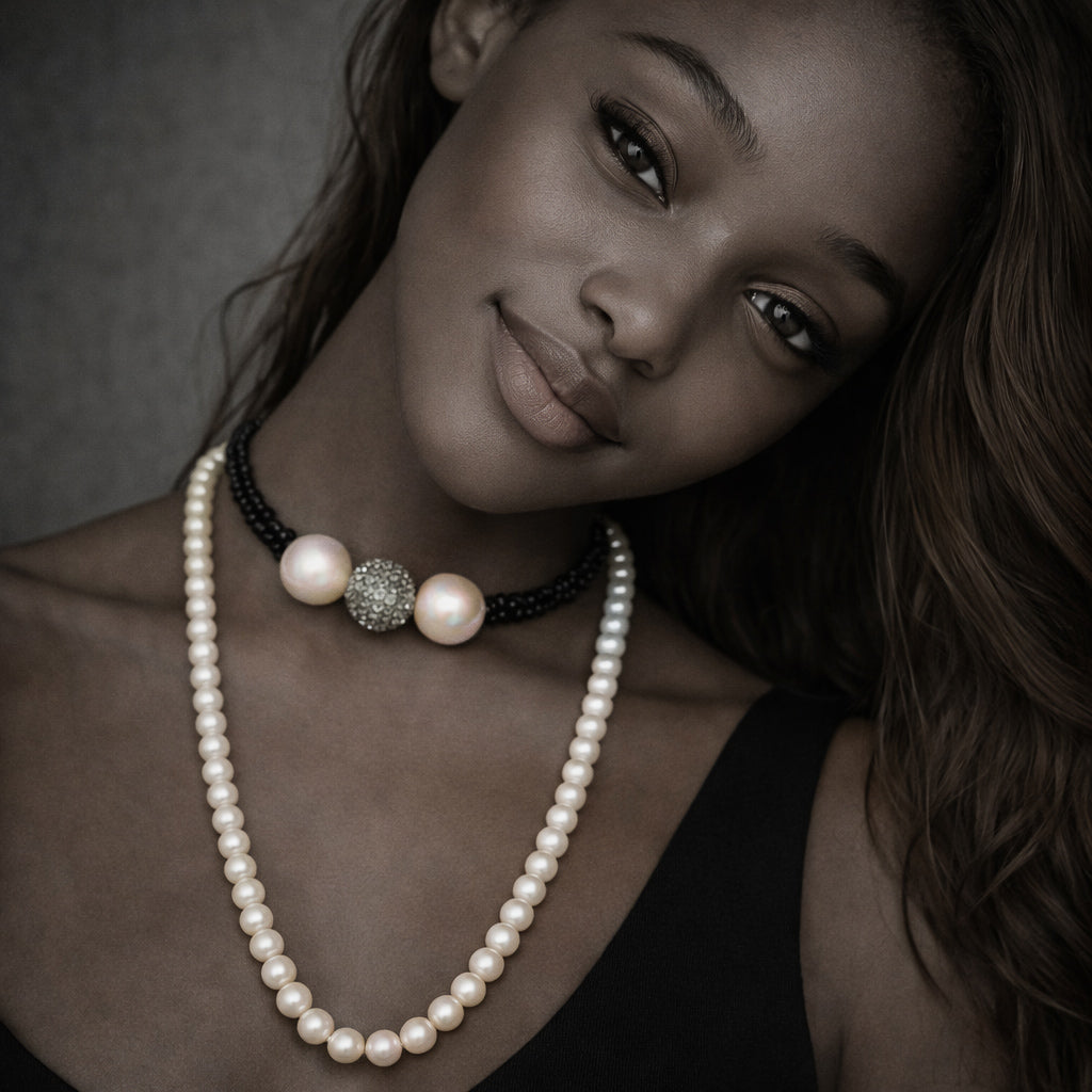 JLL Pearl Mina necklace worn long – freshwater pearls, black spinels and white topaz ball