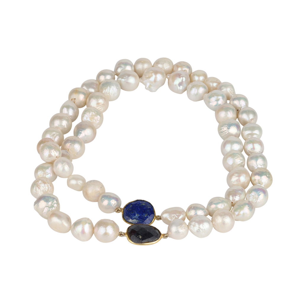 Nati JLL Pearl necklace detail – lapis lazuli and sapphire settings in gold plating between pearls