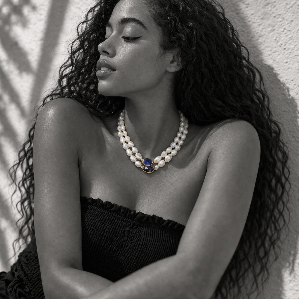 JLL Pearl Nati necklace worn – freshwater pearls, lapis lazuli and sapphire with gold plating