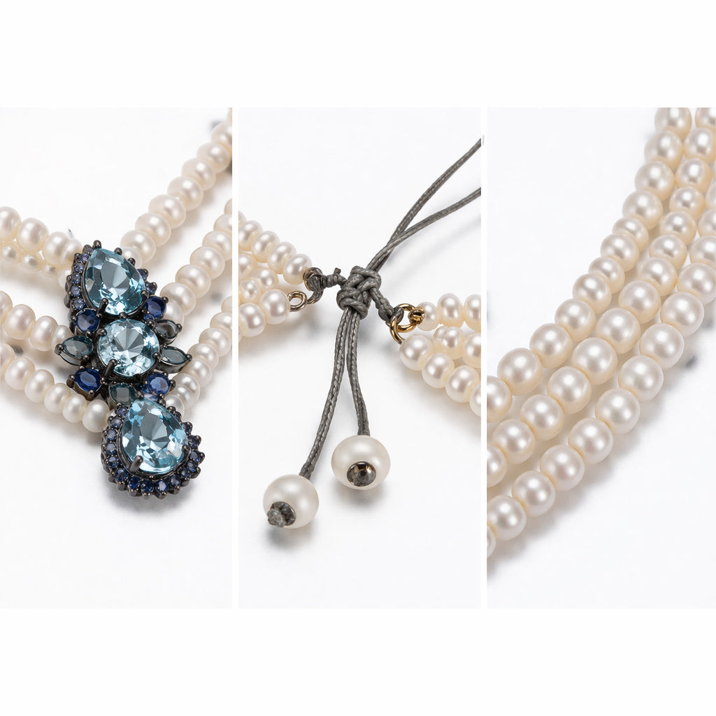 Close-up of Nilufar necklace – sapphire drops and blue topaz flowers between freshwater pearls, JLL Pearl