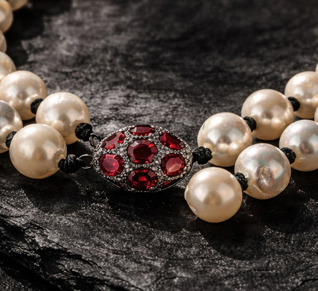 Close up of theElegant baroque pearls necklace Adele with garnets and diamonds ball centerpiece, featuring a vibrant and delicate design-JLLPearl