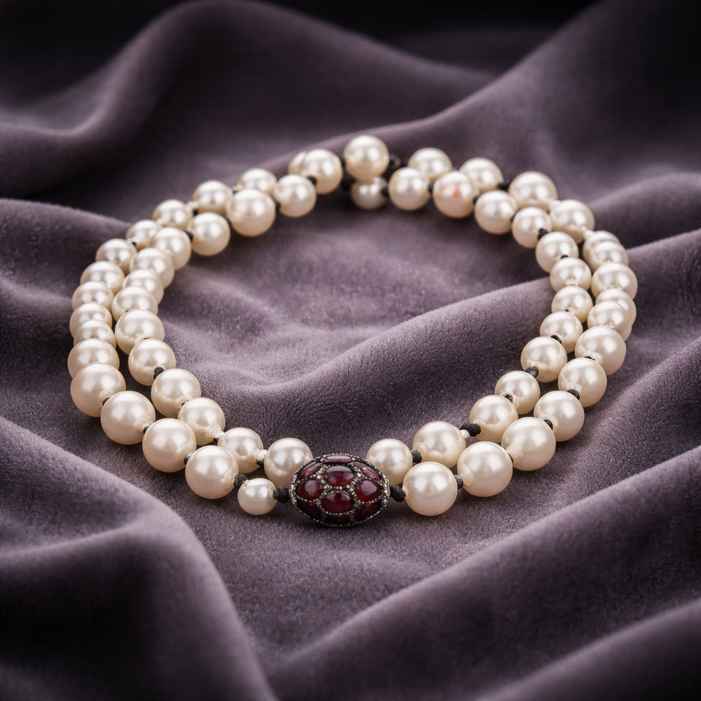 Elegant baroque pearls necklace with garnets and diamonds ball centerpiece, featuring a vibrant and delicate design.Necklace placed on a silk fabric-JLLPearl