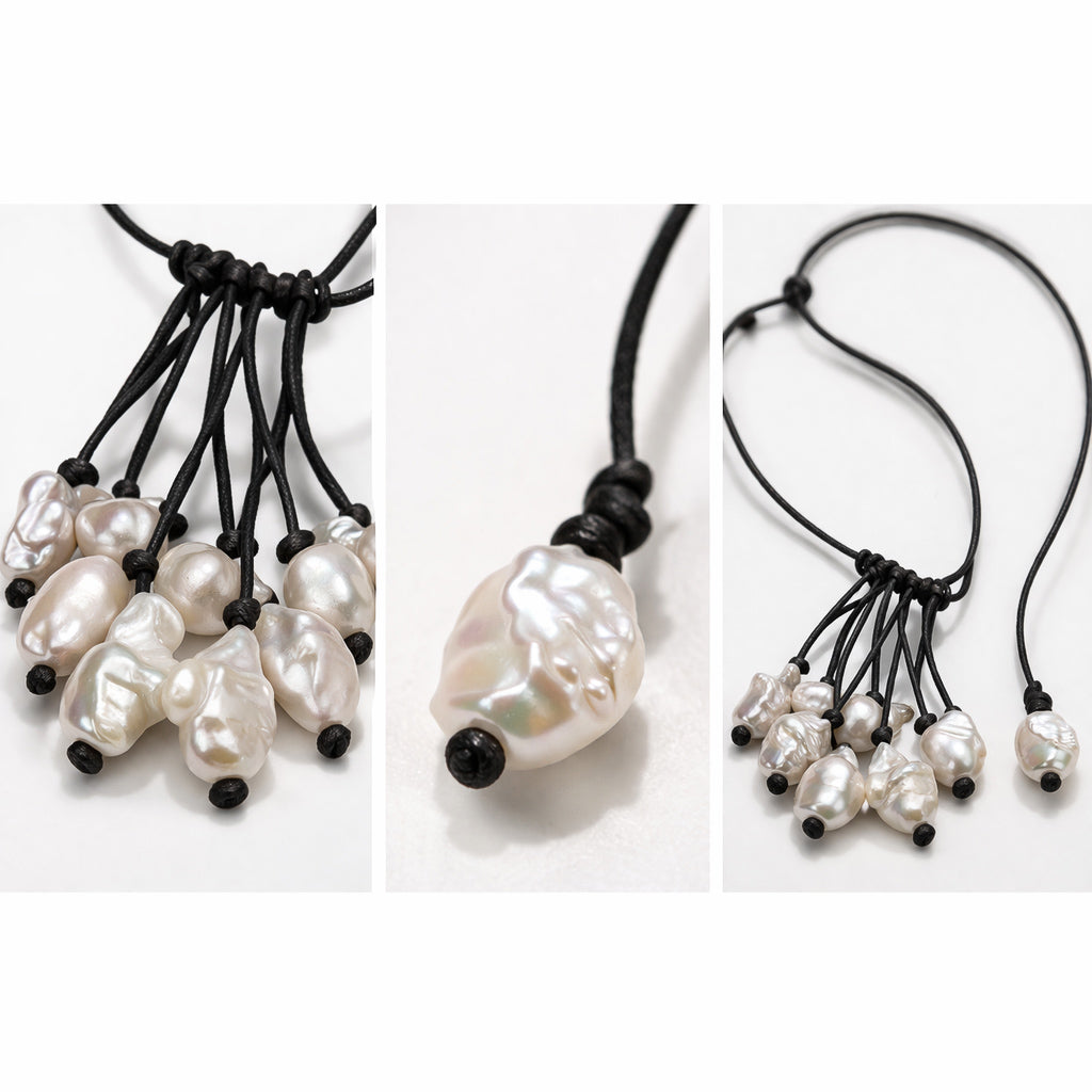 Close-up of Peipei necklace – baroque freshwater pearls on grey satin thread, JLL Pearl