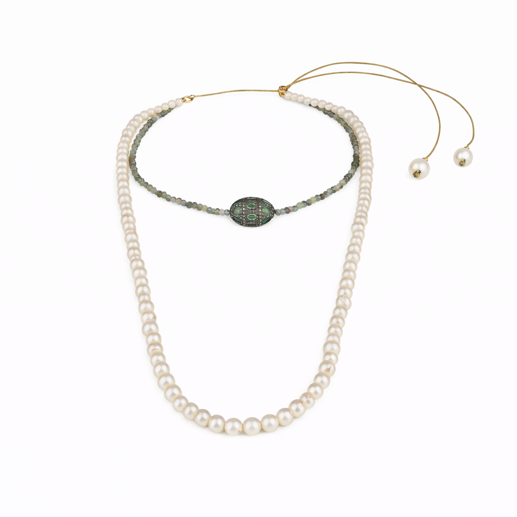 Adjustable JLL Pearl freshwater pearl necklace with labradorite beads and emerald diamond buckle