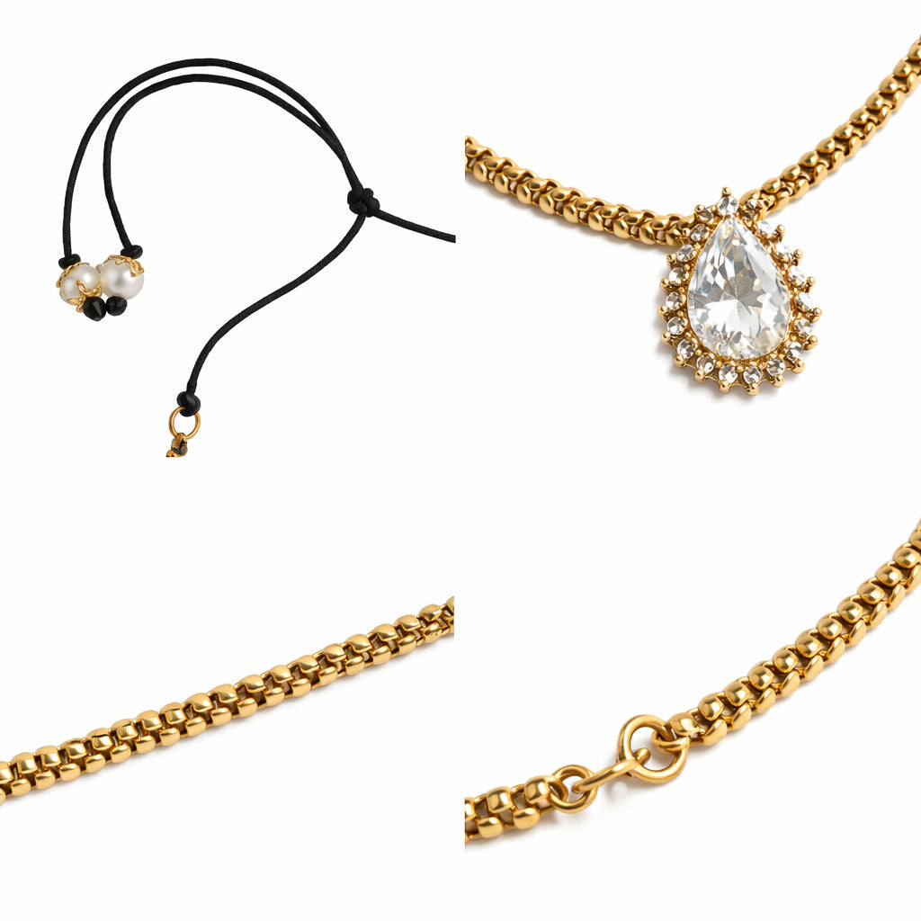 Close-up of Romy necklace – white topaz pear drop and yellow sapphire detail, JLL Pearl