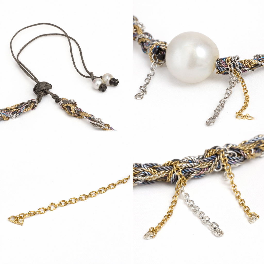 Close-up of Samos necklace – round freshwater pearl on braided chain, JLL Pearl