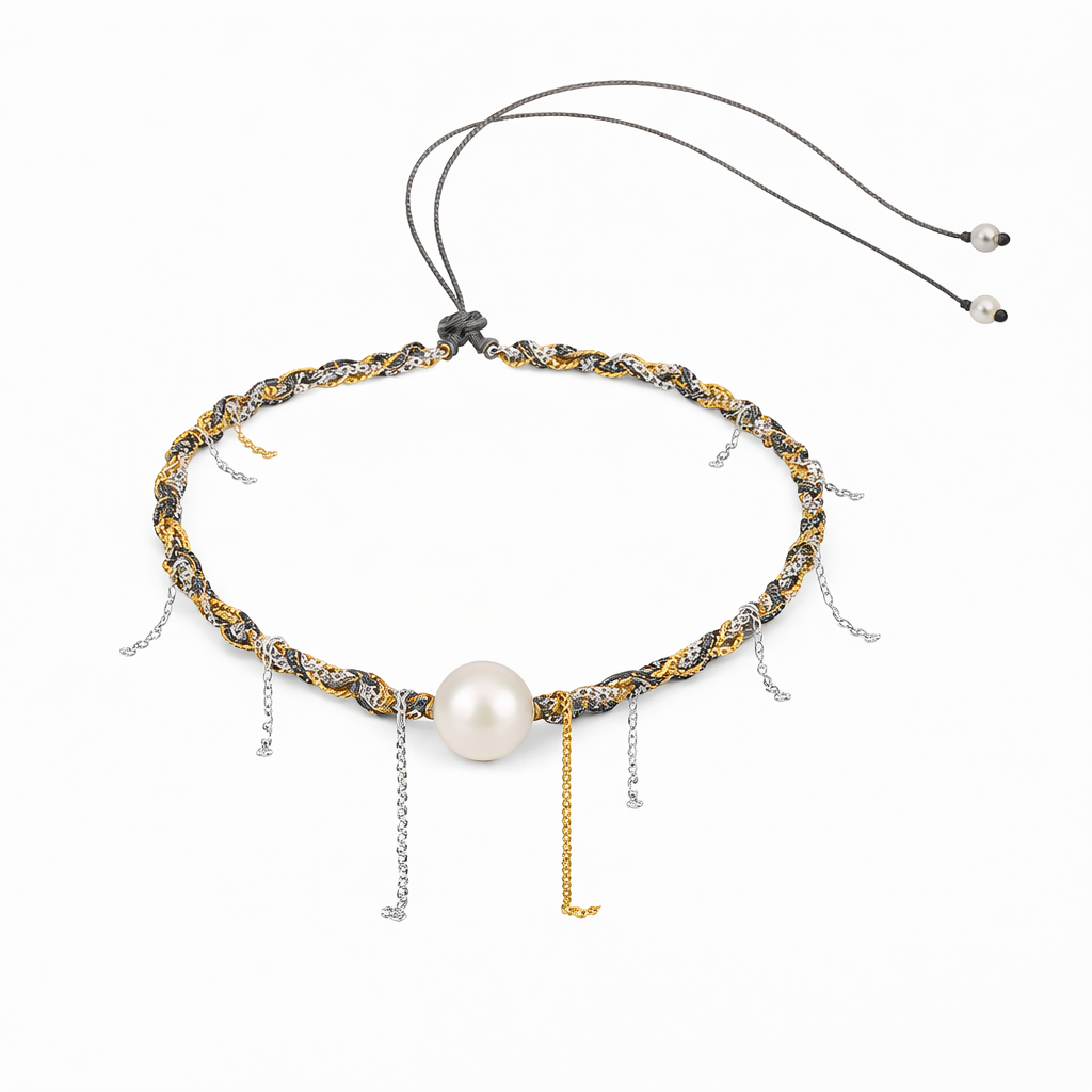 Samos round freshwater pearl necklace on braided silver and gold chain – JLL Pearl