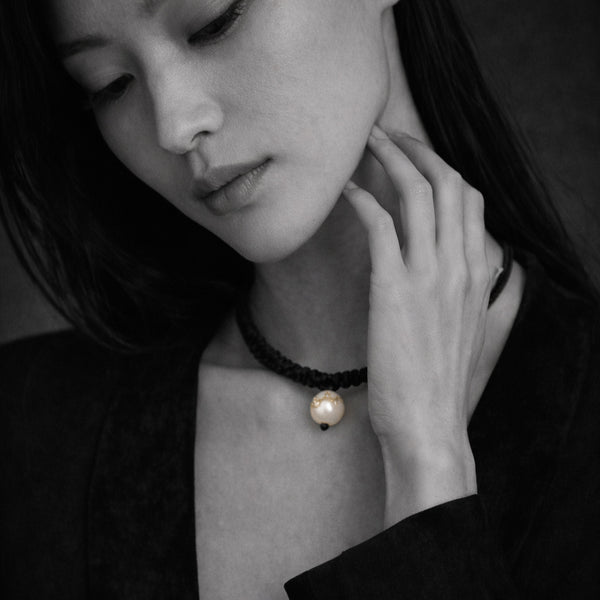 Choker Necklace with Freshwater pearls on black satin thread, white topaz stars on gold plated silver