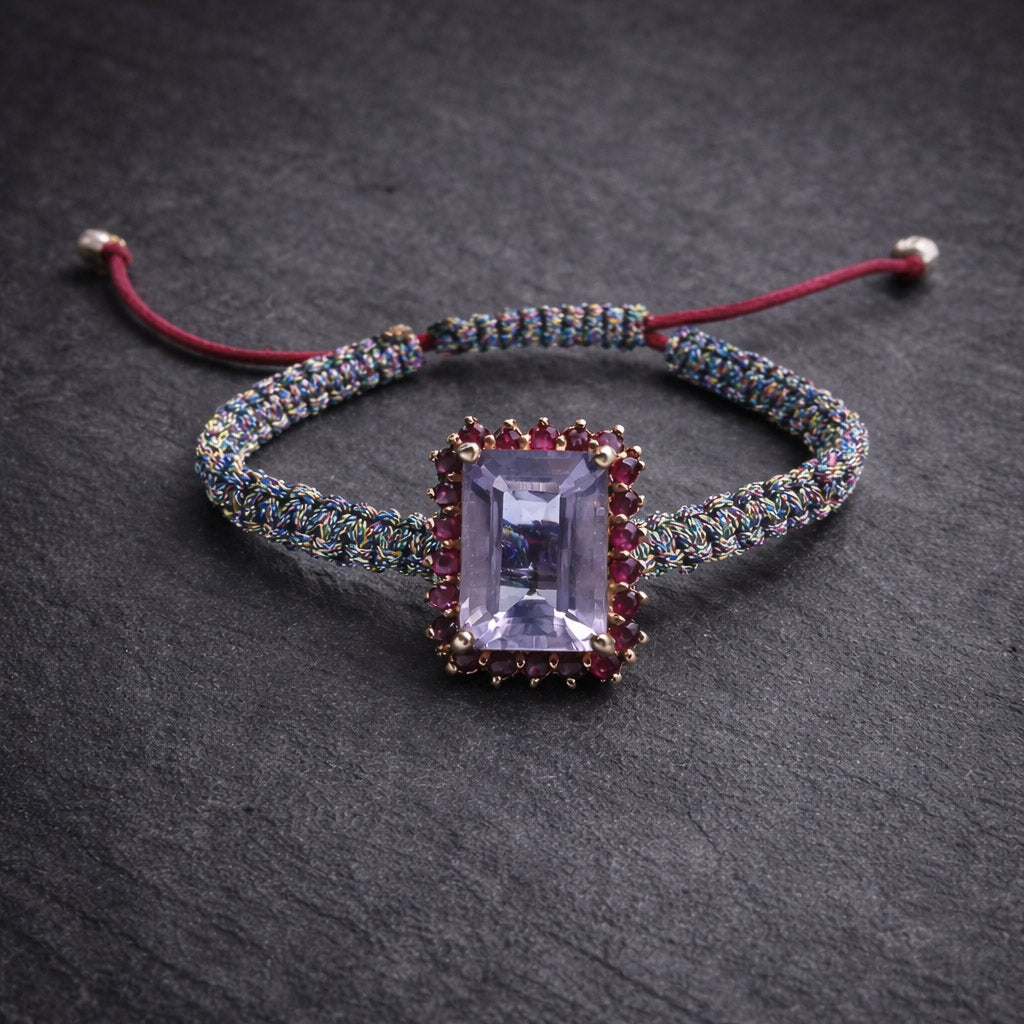 Multicolor woven bracelet with emerald-cut light-purple amethyst and ruby-red halo on adjustable cord