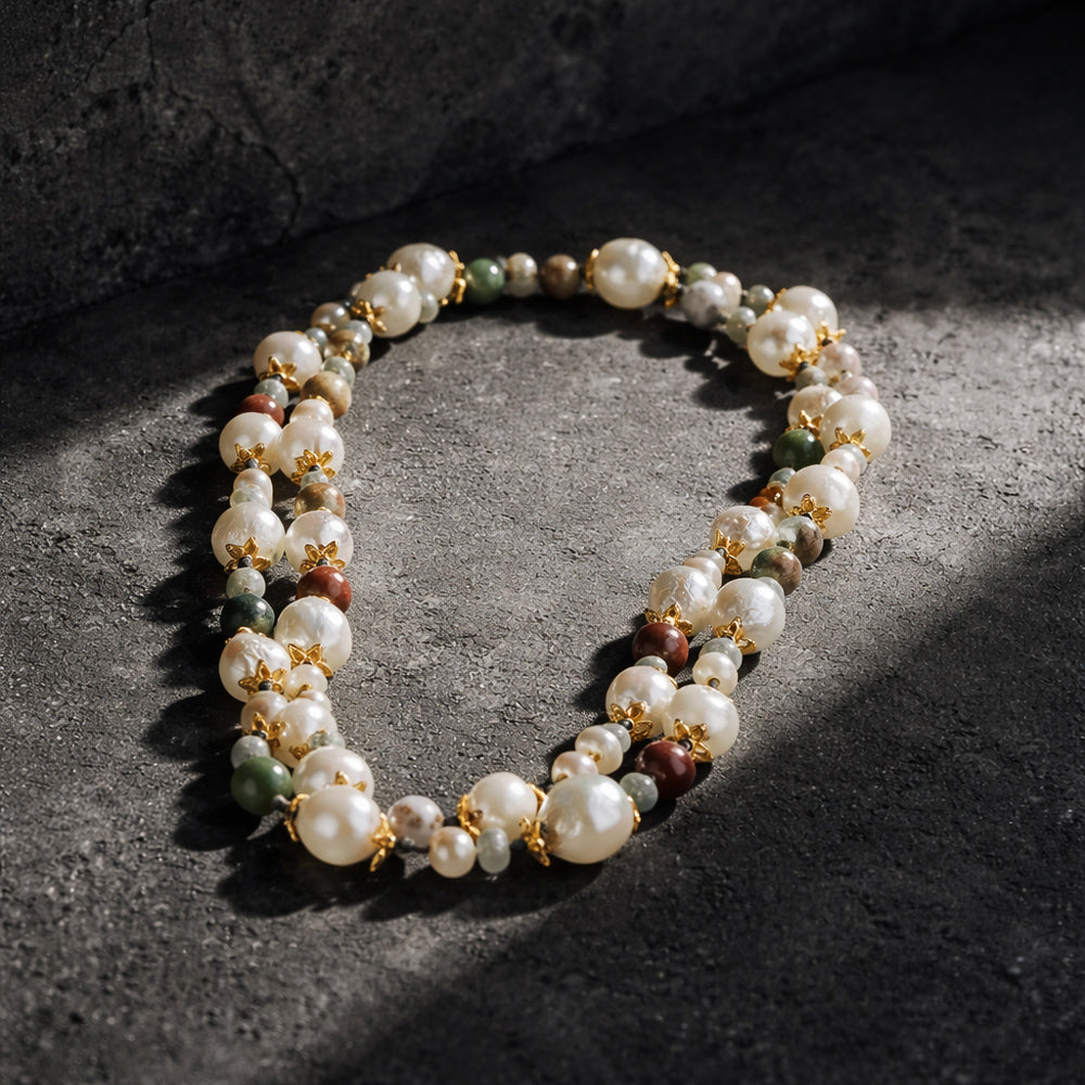 Long necklace with Freshwater pearls, gold-plated flowers, multicolored tourmaline and Labradorit beads-JLLPearl