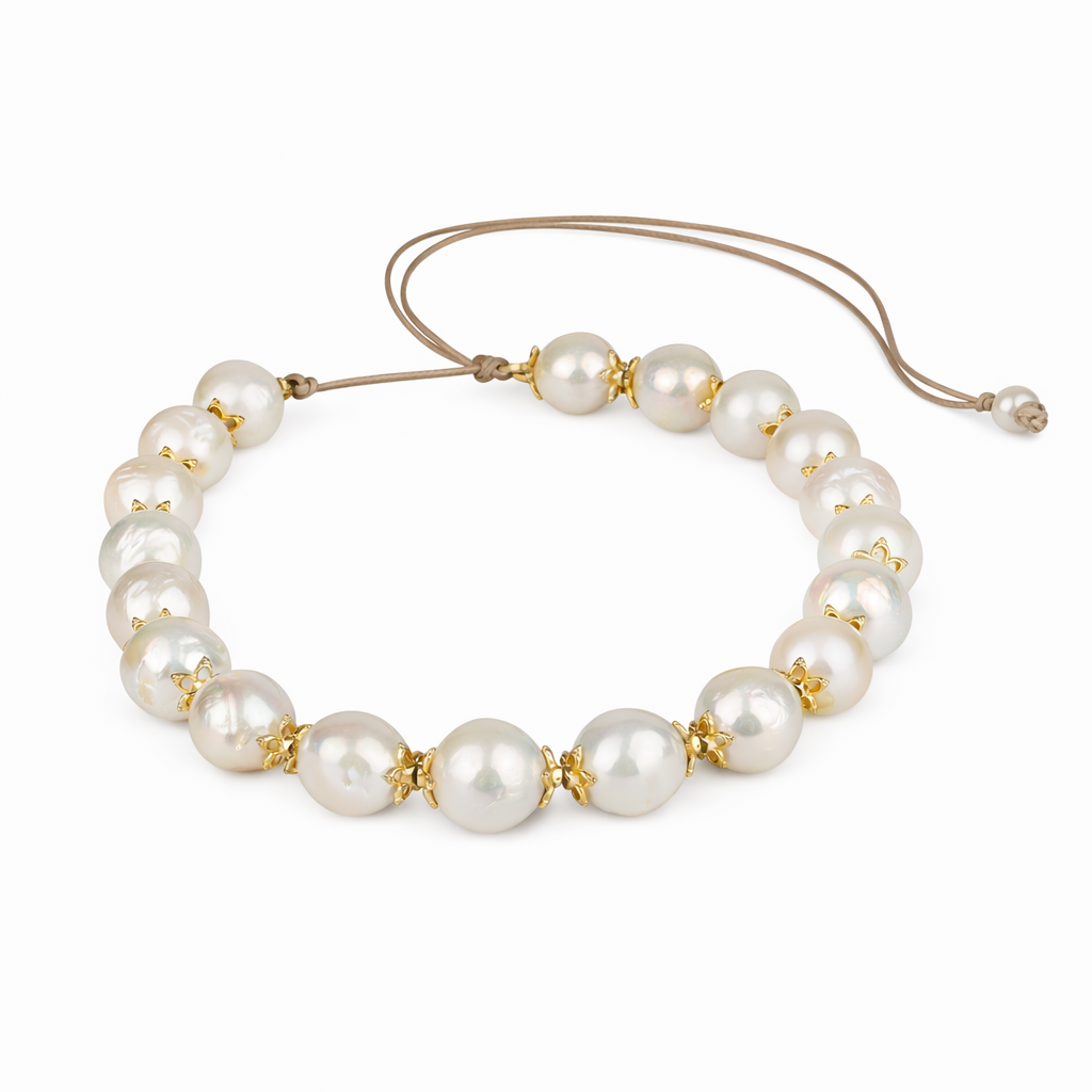 Ella round freshwater pearl choker with gold flower findings on satin thread – JLL Pearl