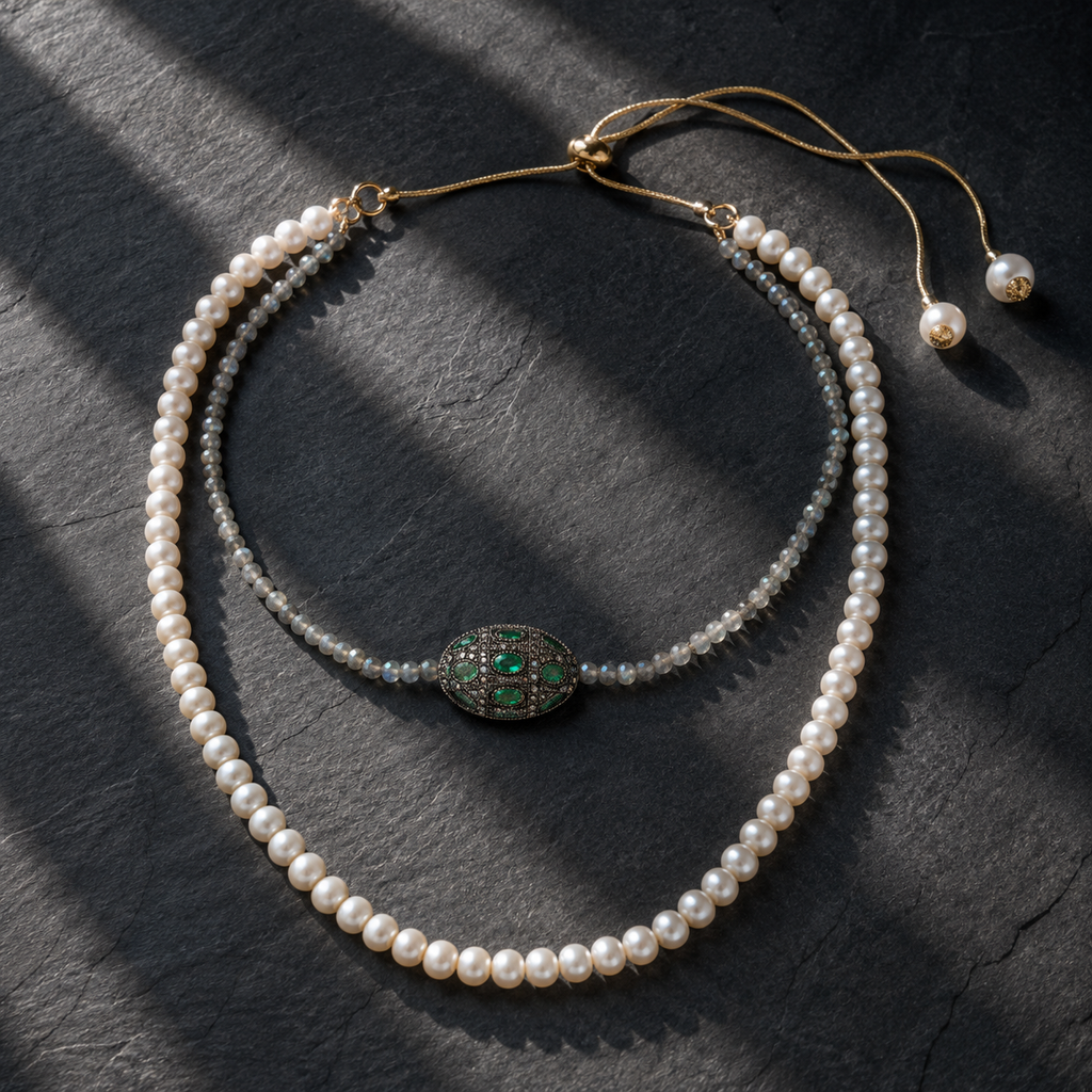 Adjustable freshwater pearl necklace with labradorite beads and an emerald centerpiece, flatlay on dark slate — JLL Pearl