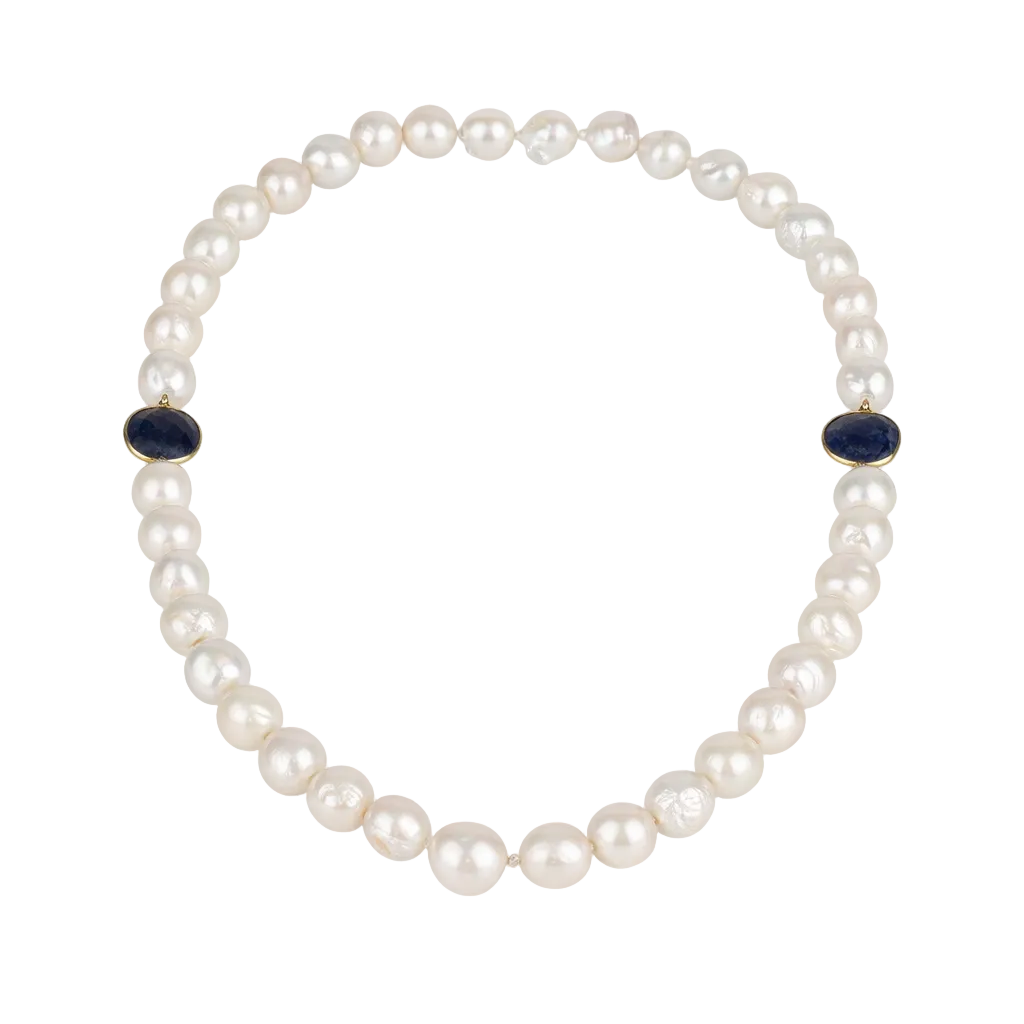 Pearl necklace with blue stone accents on a white background