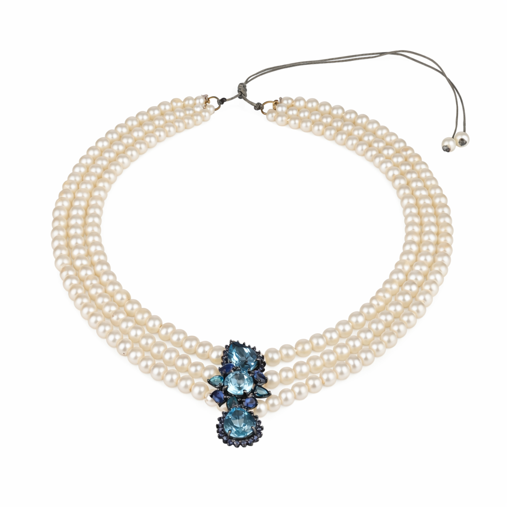 JLLPearl Necklace with Freshwater pearls on satin thread, sapphire and blue topaz