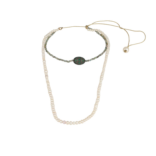 Necklace with Freshwater pearls on satin thread, Labradorit, Emerald and diamond buckle
