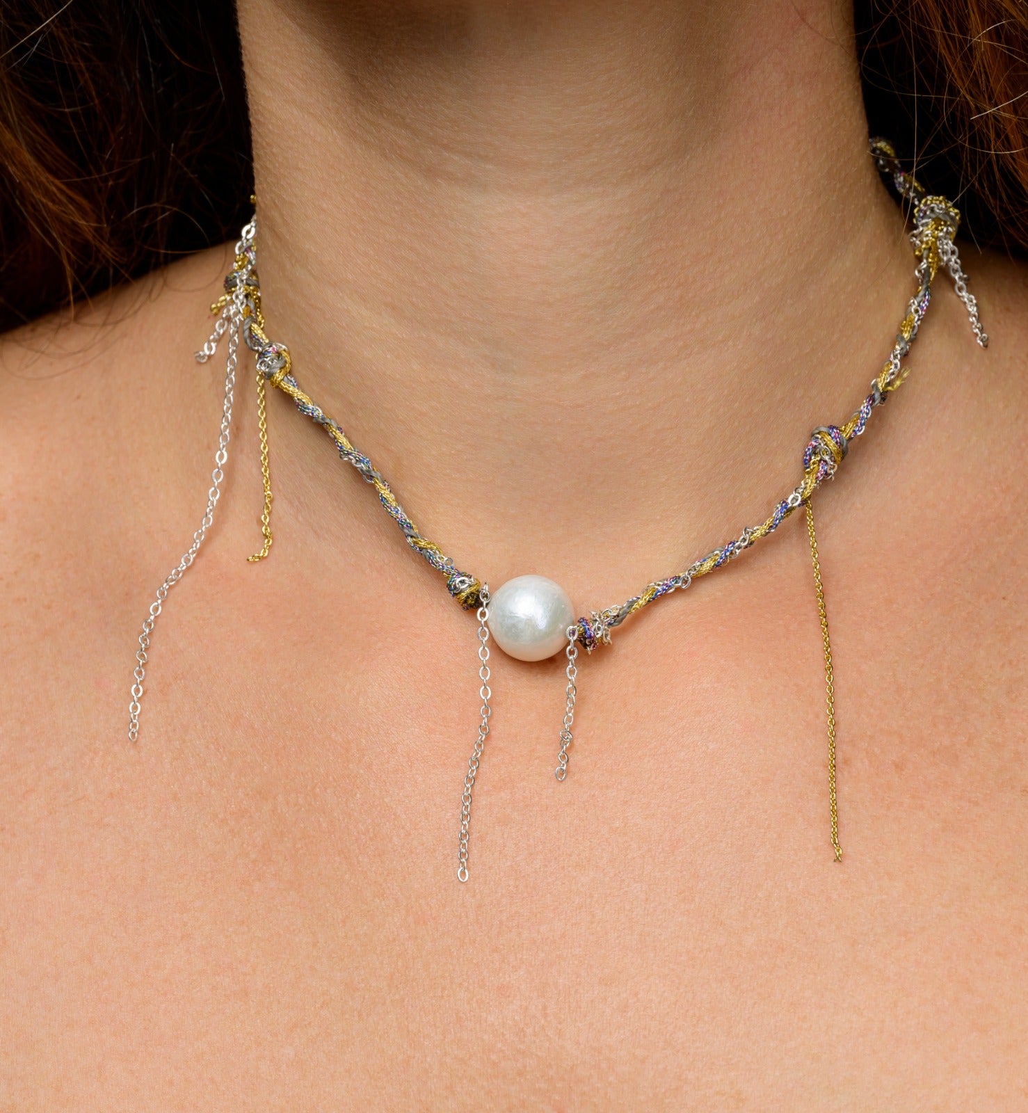 Original Necklace with Freshwater pearls on silver and plated gold chain