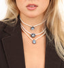 JLLPearl Necklace with Freshwater pearls on satin thread, sapphire and blue topaz