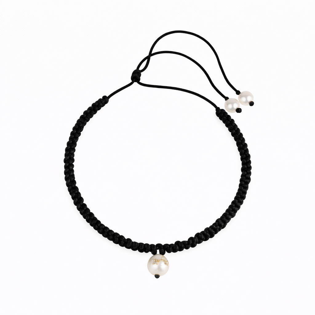 Choker Necklace with Freshwater pearls on black satin thread, white topaz stars on gold plated silver