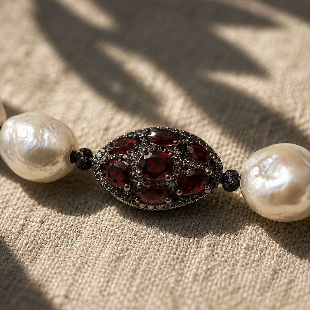 Close-up of the garnet and diamond ornament at the center of the Adele long baroque pearl necklace, baroque pearls on either side