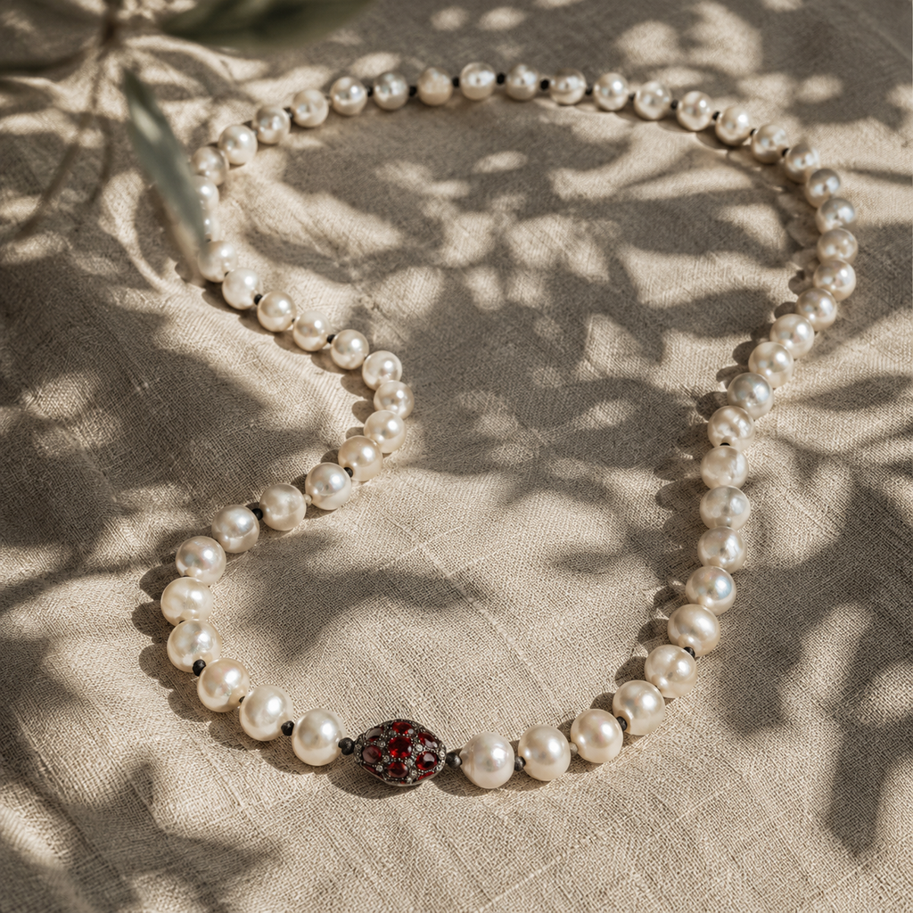Long baroque pearl necklace laid on natural linen with olive leaf shadows, deep red garnet ornament centered
