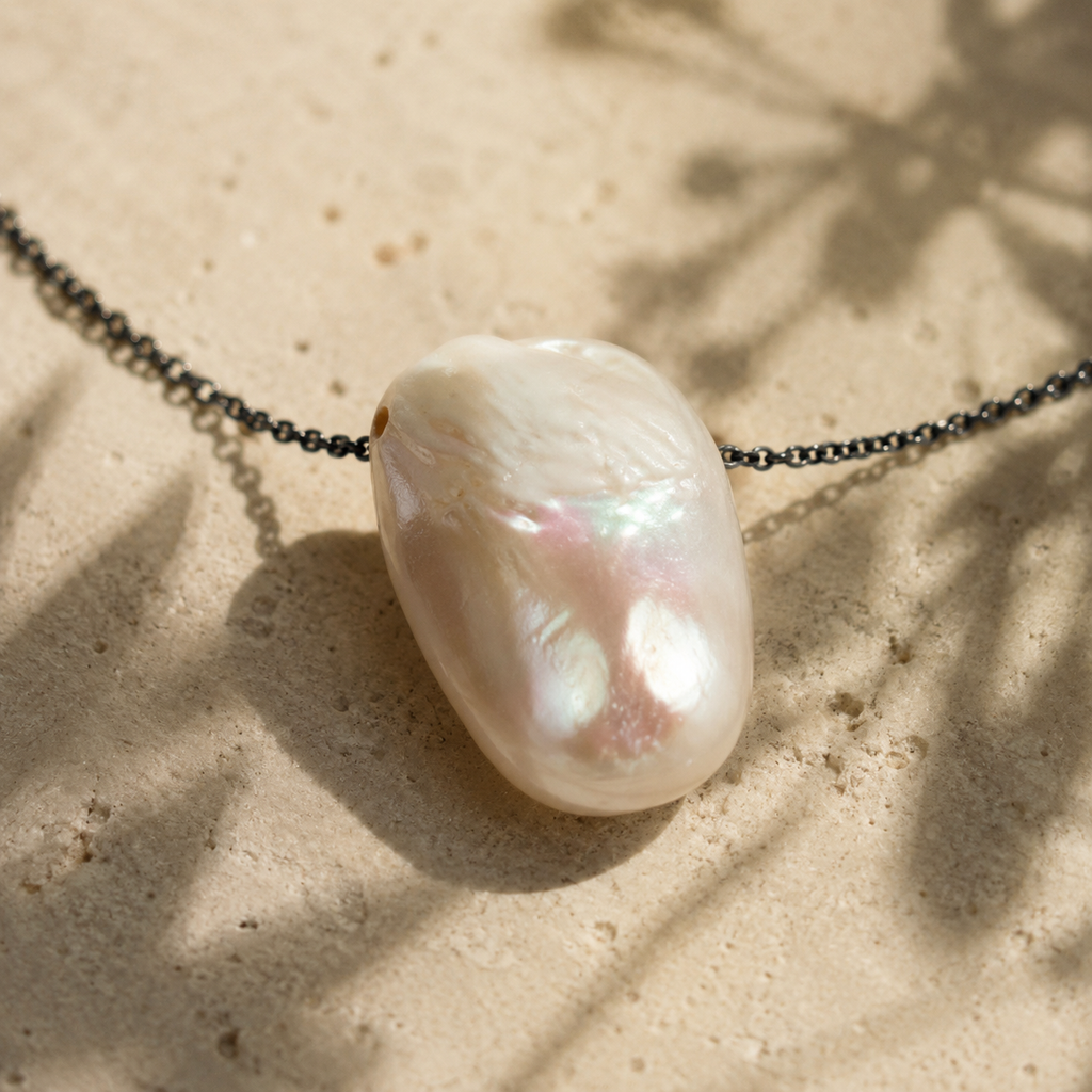 Close-up of baroque freshwater pearl pendant on oxidized dark chain, natural iridescent surface in ivory and pink tones, Mediterranean limestone, leaf shadows