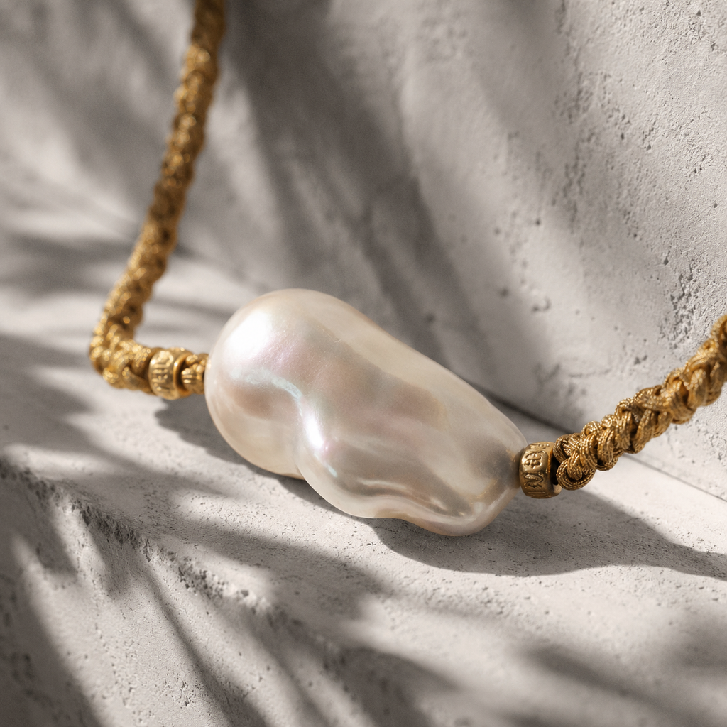 Close-up of Arabelle baroque freshwater pearl on braided gold cord with gold-plated beads, soft iridescence in white, pink and blue tones, olive leaf shadows on whitewashed plaster, handmade by JLL Pearl